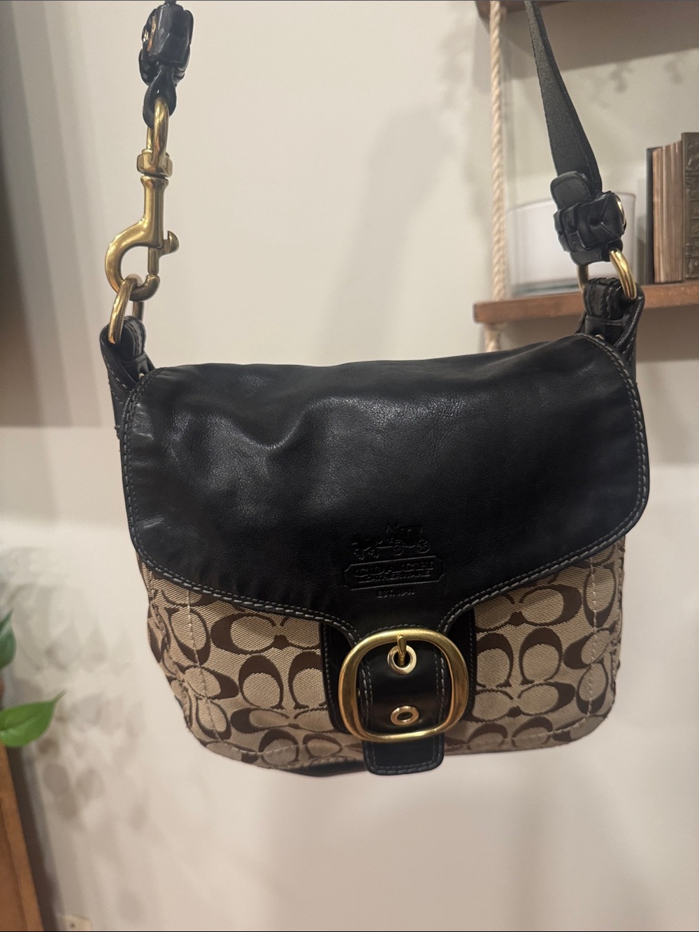 Coach Bleeker Brown Signature Canvas with Buckle Leather Flap shoulder bag